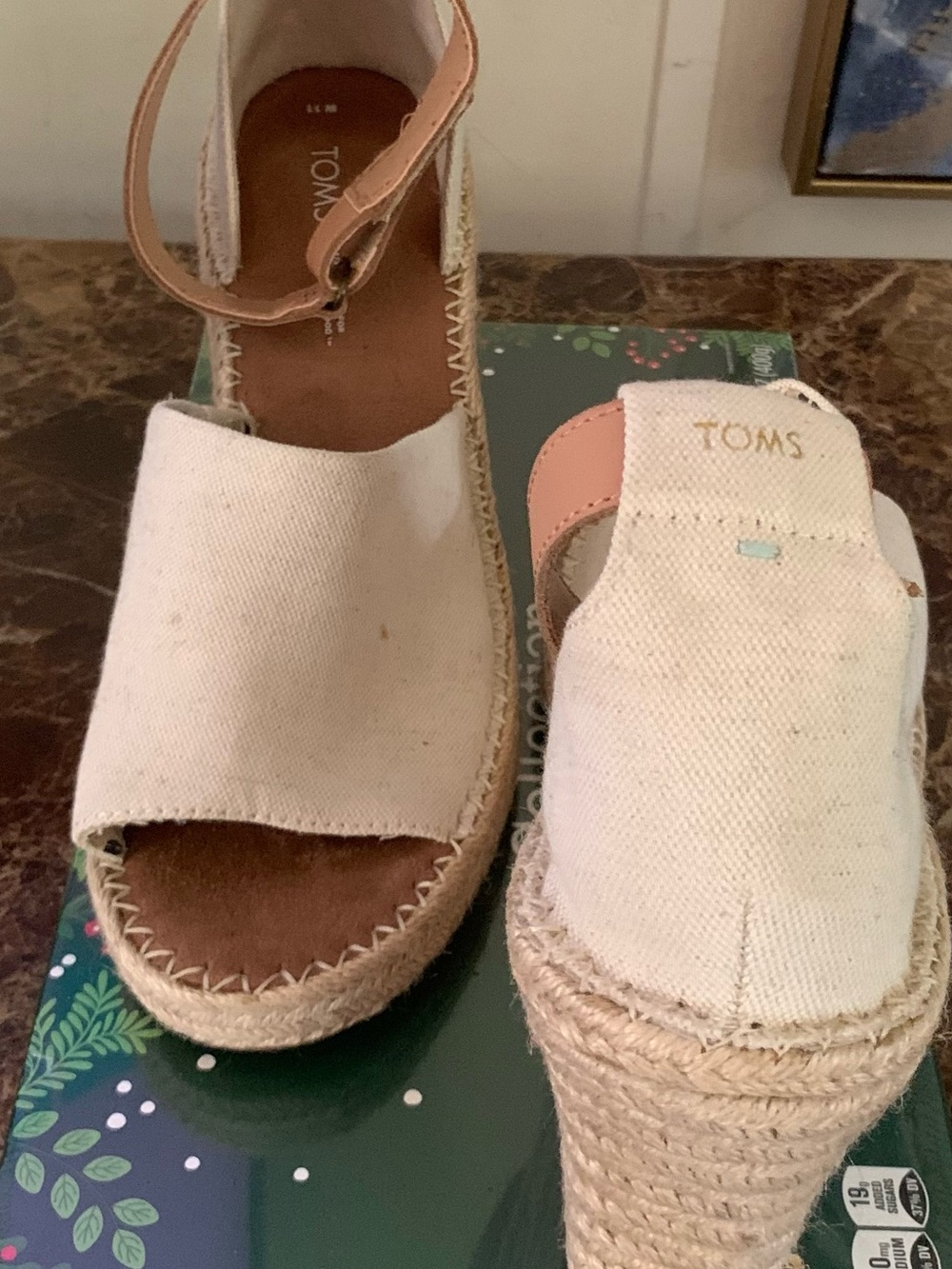 TOMS Natural Canvas Espadrille Wedge Sandals with Pink Ankle Strap